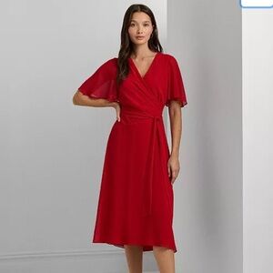 Lauren Ralph Lauren Womens Belted Georgette Dress - Red